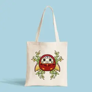 Katoenen tote bag met rode japanse gelukspop Daruma by .