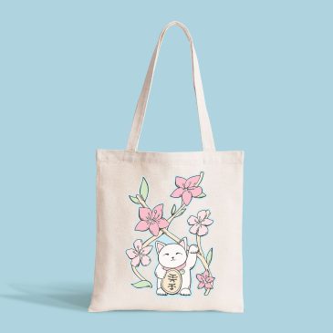 Polyester Tote Bag Lucky Cat Sakura Blossom by Copyright (c) 2020 nguyenanh0905/Shutterstock.  No use without permission.. 